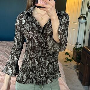 Vintage accordion pleat Floral Brown and cream top